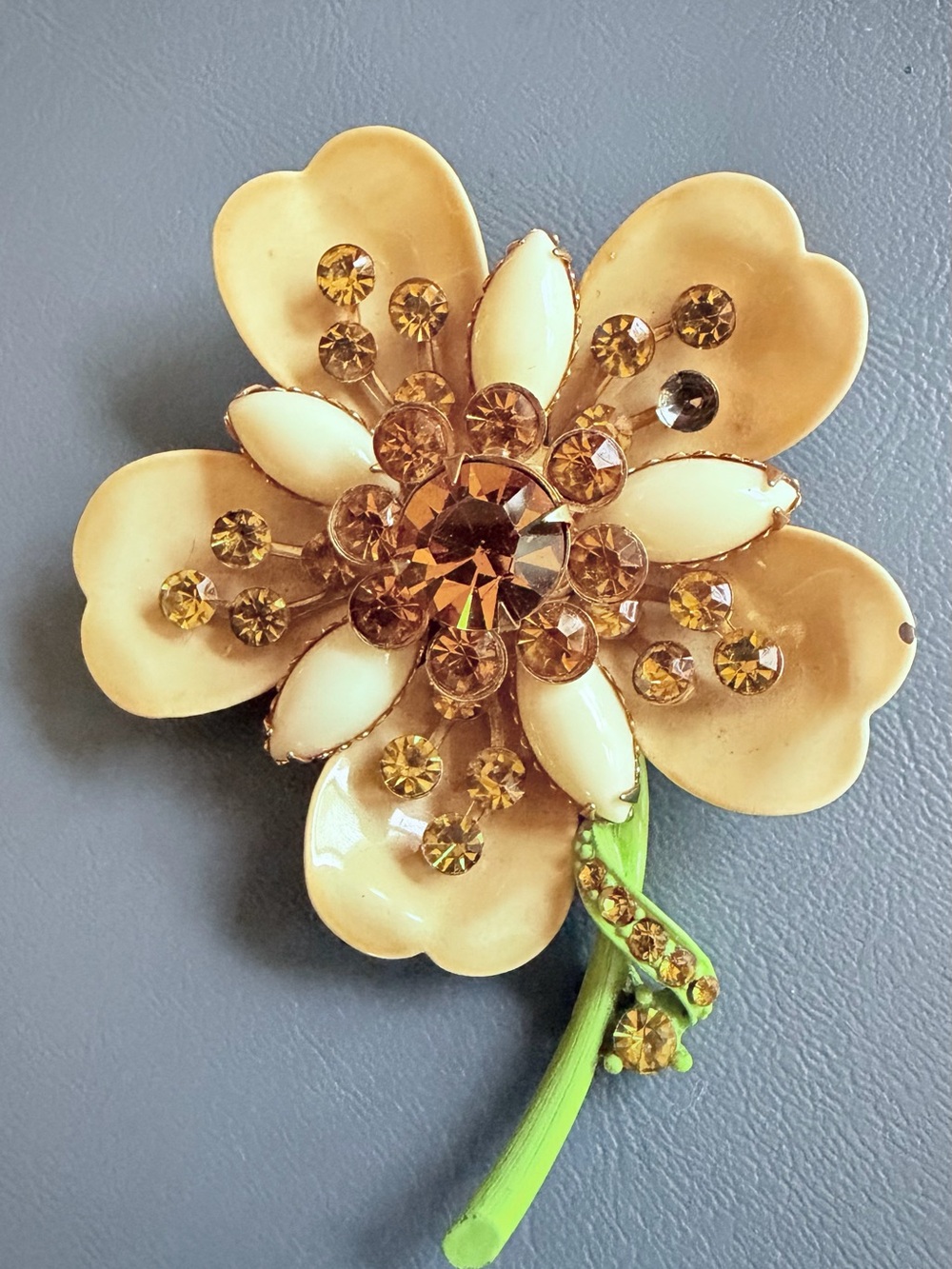 Cream & Gold Floral Brooch with Green Stem Accent